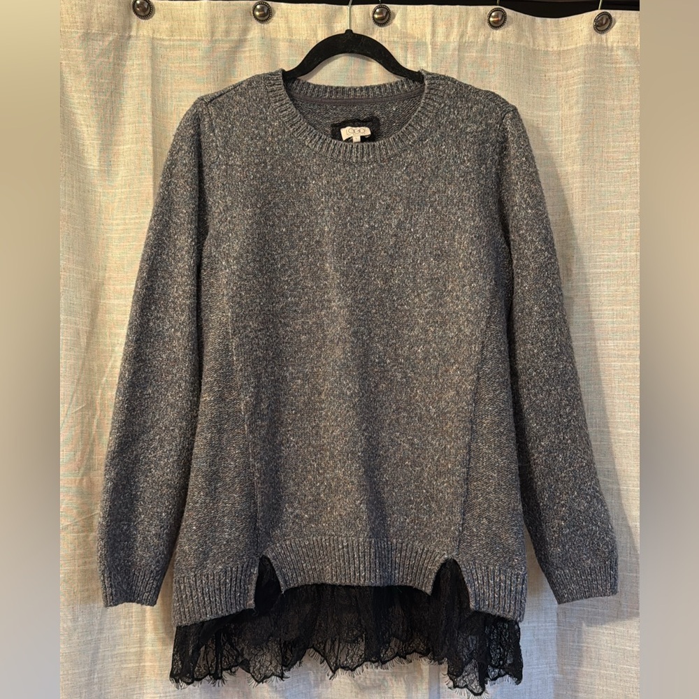 LOGO by Lori Goldstein Gray and Black Crew Neck Sweater with Lace Detail